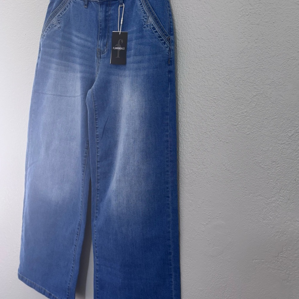 Flamingals Wide Leg Jeans‎ for Women | Mid Waist Baggy Washed Denim Jeans - Picture 13 of 16